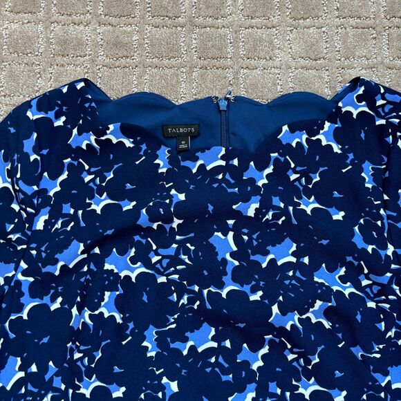 Talbots Floral Shift Dress Women's 10 Navy Blue Scalp Neckline 3/4 Sleeve Crepe - Picture 3 of 9